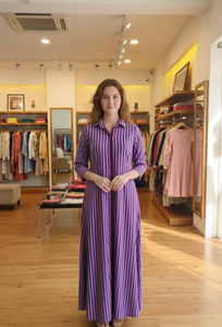 เดรสเชิ้ตยาวลายทางสไตล์โบฮีเมียนสำหรับผู้หญิง แขนยาว ติดกระดุม ผ้าฝ้ายลินินลำลอง ใส่สบายในฤดูร้อน เป็นมิตรกับสิ่งแวดล้อม ทรงเอไลน์ ขายส่งแบบ OEM - Product Image 4