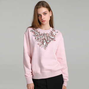 เสื้อสเวตเตอร์ไหมพรมประดับเพชรแบบสวมหัว คอวี แขนเสื้อแบบดรอปไหล่ แฟชั่นสตรีทสำหรับผู้หญิง - Product Image 6