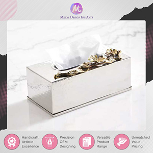 Porte-boîte à mouchoirs de luxe en acier inoxydable avec motif floral élégant en feuille d'or – Conçu pour les intérieurs modernes à prix abordable - Product Image 2
