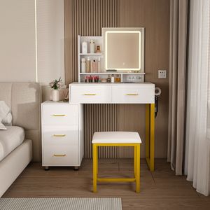 LED Lights 3 Color Power Outlet <b>Makeup</b> <b>Vanity</b> Table with 5 Drawers Sturdy Metal Leg C Metal <b>Makeup</b> <b>Vanity</b> - Product Image 1