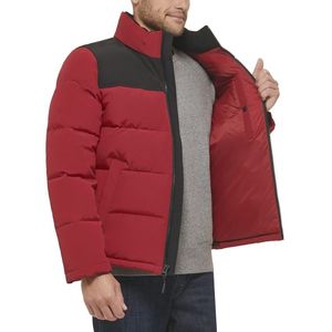 Men's Red Color Blocking Long Puffer Jacket Stand Collar Zipper Closure <b>Waterproof</b> Windproof <b>Winter</b> <b>Coat</b> Casual Style Thick - Product Image 2