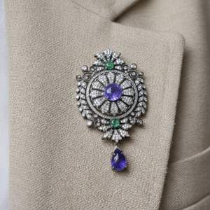 Gold-Plated Tanzanite Emerald and Diamond Unisex Brooches aka Necklaces - Product Image 2