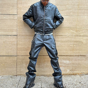 Men Black Leather Look Tracksuit Full Length Streetwear Set Zipper Fly Heavyweight Polyester Winter Outfit - Product Image 5