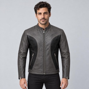 <b>Mens</b> Grey Black Genuine Leather Cafe <b>Racer</b> Motorcycle <b>Jacket</b> Canvas Stand Front Waterproof Windproof Multiple Zipper Pockets - Product Image 3