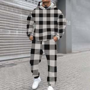 Vente en gros directe usine – Ensembles de survêtements 2 pièces fabriqués par OEM – Ensemble sweat à capuche et pantalon de survêtement en polaire à carreaux – Survêtement d'hiver pour hommes - Product Image 2