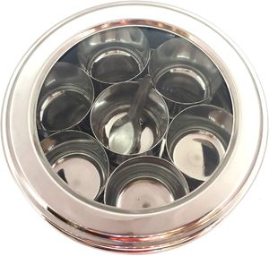 Support à épices en acier inoxydable poli de qualité supérieure, boîte à masala de type usine à 7 compartiments, conteneurs à condiments en verre, supports de rangement - Product Image 1