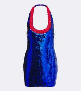 Robe midi bleu roi à sequins, col halter, décolleté perlé rouge, coupe trapèze, simple, moulante, cocktail, glamour, ajustée, sans manches, 100% - Product Image 4