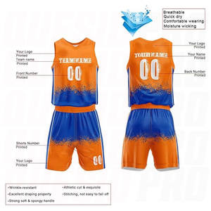 Tenue de basketball personnalisée de haute qualité, orange-bleu, impression par sublimation, ensemble de maillots personnalisés pour équipes - Product Image 2