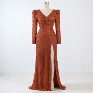 Luxury Modern for <b>Sequin</b> Natural Waistline Evening Gown Women Long Sleeve V Neck Formal Party Beaded Maxi Wedding Prom Dress - Product Image 1