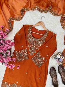 Women's Orange Embroidered Floor-Length Traditional Indian Pakistani Wedding Wear Set With Gold Thread Work Silk <b>Dress</b> - Product Image 4