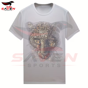 เสื้อยืดคอกลมลายเสือดาวสีขาวคุณภาพสูง ประดับคริสตัลรูปหัวเสือดาว สไตล์สตรีทแวร์สำหรับผู้ชาย ตกแต่งด้วยคริสตัลวิบวับ - Product Image 3