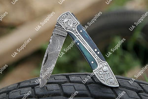 OEM Wholesale Professional Hand Engraved Damascus Steel Folding Pocket <b>Knife</b> Wood Epoxy Handle Leather Sheath Foldable Tactical - Product Image 4
