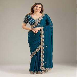 VASTRA COTTAGE Saree de seda suave Rangoli Crush con bordado pesado de lentejuelas y borde calado, y blusa de diseñador Rangoli Crush - Product Image 1