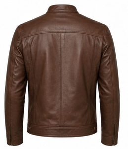 Chaqueta de moto de cuero original para hombre, azul y marrón, con cuello alto, cierre de cremallera, corte ajustado, manga regular, estilo color block para otoño - Product Image 5