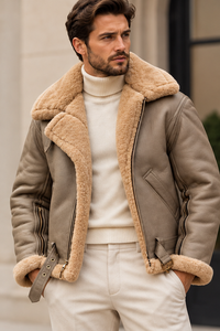 Blouson aviateur en cuir véritable pour homme avec doublure en fausse fourrure coupe-vent style moto hiver coupe classique fermeture éclair - Product Image 2