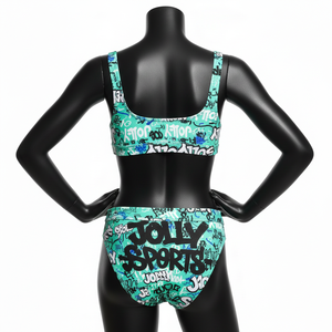 Ensemble de bikini en polyester et élasthanne premium avec imprimé graffiti, haut zippé, panneaux latéraux noirs, logo personnalisé par sublimation, pour femmes. - Product Image 2
