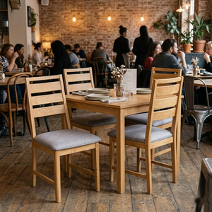 เก้าอี้ทานข้าวดีไซน์เรียบหรู ไม้สักแท้ คุณภาพสูง เบาะโฟมนุ่ม นั่งสบาย ทนทาน เหมาะสำหรับรับประทานอาหารและร้านกาแฟ คุ้มค่าที่สุด - Product Image 6