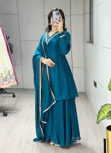 Ensemble Kurti Palazzo élégant à col en V brodé avec dupatta pour femmes - Product Image 5