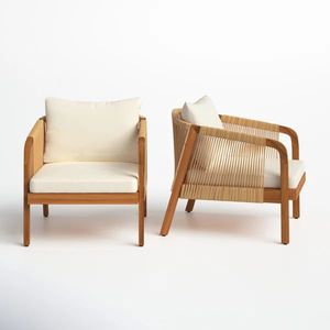 Fauteuil club artisanal en teck massif avec corde tressée élégante et assise rembourrée épaisse pour salon extérieur d'hôtel de luxe - Product Image 1