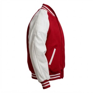 <b>Red</b> White Varsity <b>Jacket</b> Baseball Letterman Snap Button Front Ribbed Trim Contrast Sleeves Casual Men's Varsity <b>Jackets</b> - Product Image 3