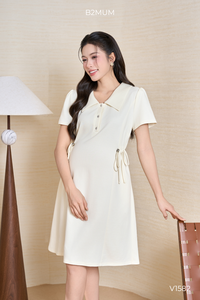 Robe de maternité en coton beige, longueur genou, manches courtes, col polo, coupe ample, respirante, pour l'été, pour femmes enceintes V1582 - Product Image 2