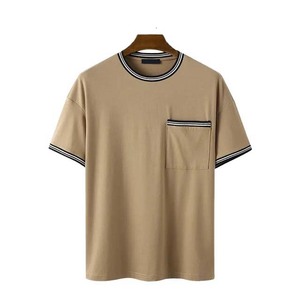 Camiseta de Manga Corta para Hombre, Talla Grande, Color Sólido, con Bolsillo y Ribete en Contraste, Cuello Redondo, Tejido de Algodón, Estilo Casual - Product Image 1