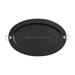 Black Oval Handmade <b>Serving</b> <b>Tray</b> <b>Gold</b> Handles Checkered Pattern Powder Coated Finish Ms Hussain International Restaurant Use - Product Image 3