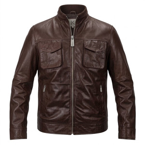 Men's Genuine Leather Jacket Brown Stand Collar Moto Style Zipper Closure Regular Fit Autumn Wear Winter Leather <b>Coat</b> - Product Image 1
