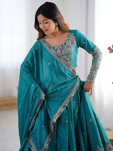 ชุดเดรส Anarkali ปักลายสีเขียวอมฟ้า ชุดปากีสถาน แขนยาว ชุดเลเฮนกา สำหรับงานเลี้ยง งานแต่งงาน - Product Image 4