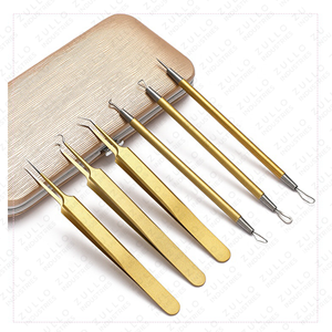 Kit professionnel de 6 outils anti-acné en acier inoxydable doré, extracteur de points noirs, nettoyeur de pores, conception OEM - Product Image 4