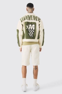 Chaqueta Varsity Cortavientos para Hombre con Diseño de Parche con Letras Verdes, Cuello Camisero, Exterior de Poliéster/Algodón, Logotipo Bordado - Product Image 3