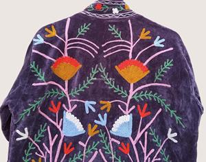 Purple Velvet Embroidered Bohemian <b>Coat</b> With Floral Hand <b>Stitching</b> Full Sleeve Turn-down Collar Plus Size Women's Outerwear - Product Image 3