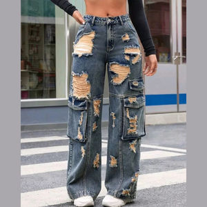 Pantalones Cargo de Mezclilla para Mujer, Estilo Urbano, Corte Holgado, Lavados, Ropa de Moda al por Mayor, para Uso Casual - Product Image 3