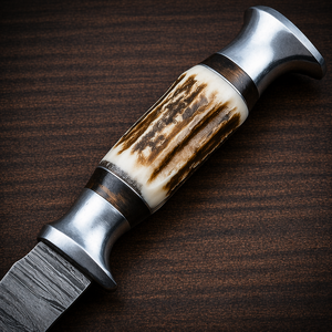 Couteau de chasse artisanal en acier Damas avec manche en corne et étui en cuir – Couteau de survie à lame fixe pour le camping en plein air - Product Image 4