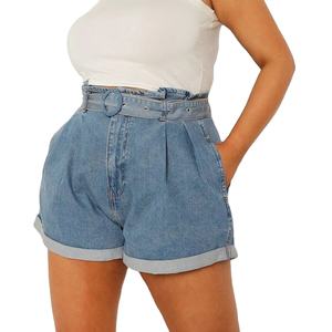 Vente en gros Short d'été décontracté pour femme Taille haute avec ceinture Sac en papier denim Séchage rapide Doux Confort Short taille haute à motif solide - Product Image 1