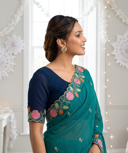 Sari de Seda Color Verde Azulado de AARA Fashion con Bordado Floral en el Borde, Largo hasta el Suelo, Protección Solar para Mujeres, Ropa Tradicional para Bodas en India - Product Image 2