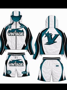 Custom Mens Nylon Short <b>Set</b> Streetwear Loose Fit <b>Embroidery</b> Color Block Windbreaker Zipper Jacket and Drawstring Shorts <b>Set</b> OEM - Product Image 6