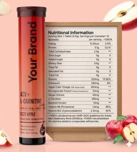 Comprimés effervescents sans sucre ACV L-Carnitine pour la combustion des graisses et le soutien du métabolisme quotidien, saveur pomme pétillante, boisson fitness en tube - Product Image 4