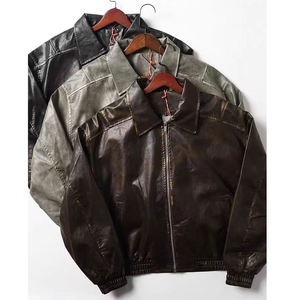 Veste moto en cuir véritable pour homme, couleur unie, col rabattable, fermeture éclair, vêtements décontractés d'automne - Product Image 1