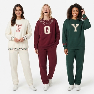 Customized Women Crew Neck Sweatshirt and <b>Trouser</b> Set Christmas Embroidery Letter Design Two Piece Matching Outfit Winter Fleece - Product Image 3