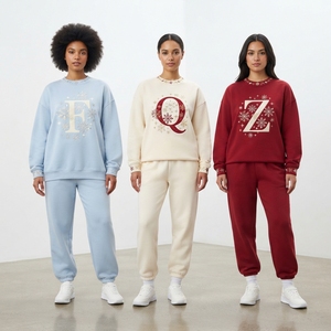 OEM <b>Women</b> Crew Neck Fleece <b>Sweatshirt</b> and Trouser Set with <b>Christmas</b> Embroidered Words Matching Two Piece Winter - Product Image 4