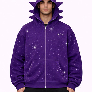 Sudadera con capucha morada con pedrería y cremallera para hombre, de algodón grueso, estilo urbano, transpirable, para invierno, de fábrica OEM - Product Image 1
