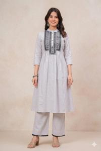 Women Embroidered Formal Suit Set V-Neck A-<b>Line</b> Tunic <b>Pants</b> Summer Wear - Product Image 1
