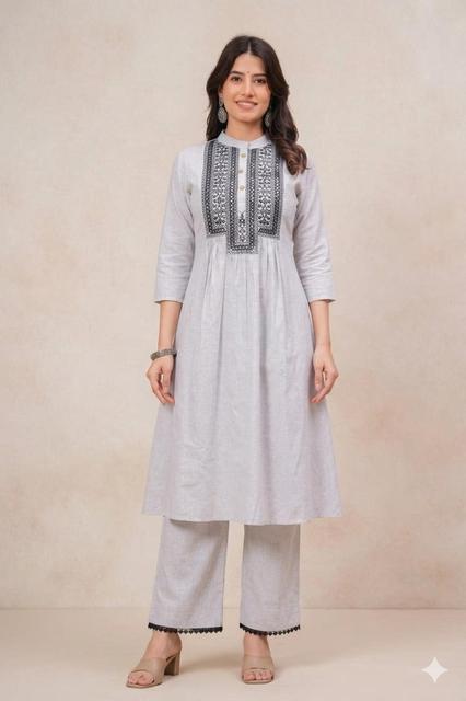 Women Embroidered Formal Suit Set V-Neck A-Line Tunic Pants Summer Wear
