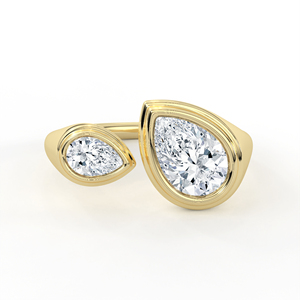 14K 18K Yellow Gold Toi Et Moi Lab Grown Diamond <b>Ring</b> Pear Cut <b>Two</b> <b>Stone</b> Open Bypass Bezel Set Asymmetric Engagement Band - Product Image 1