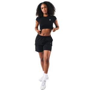 Top Corto de Manga Corta para Mujer, Negro, Elástico, para Gimnasio, Yoga, Entrenamiento - Product Image 4