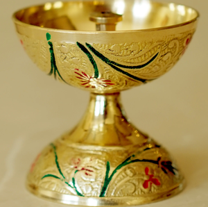 Ornate scalloped brass minakari bowl decorated with handcrafted twin <b>elephant</b> and lotus artwork, available at wholesale prices. - Product Image 5