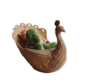 Elegant White Rattan Swan Basket Handwoven <b>Wicker</b> Animal Storage <b>Bin</b> for Girls Room Nursery Decor - Product Image 2