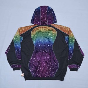 Mens Hooded <b>Racer</b> <b>Jacket</b> Galaxy Print Zipper Front Windproof Casual Autumn Wear Polyester Material with Customized Logo Design - Product Image 2