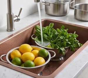 Évier de cuisine artisanal en cuivre à poser sous plan, cuve simple rectangulaire, finition mate sable perlé, design moderne, facile à nettoyer - Product Image 5